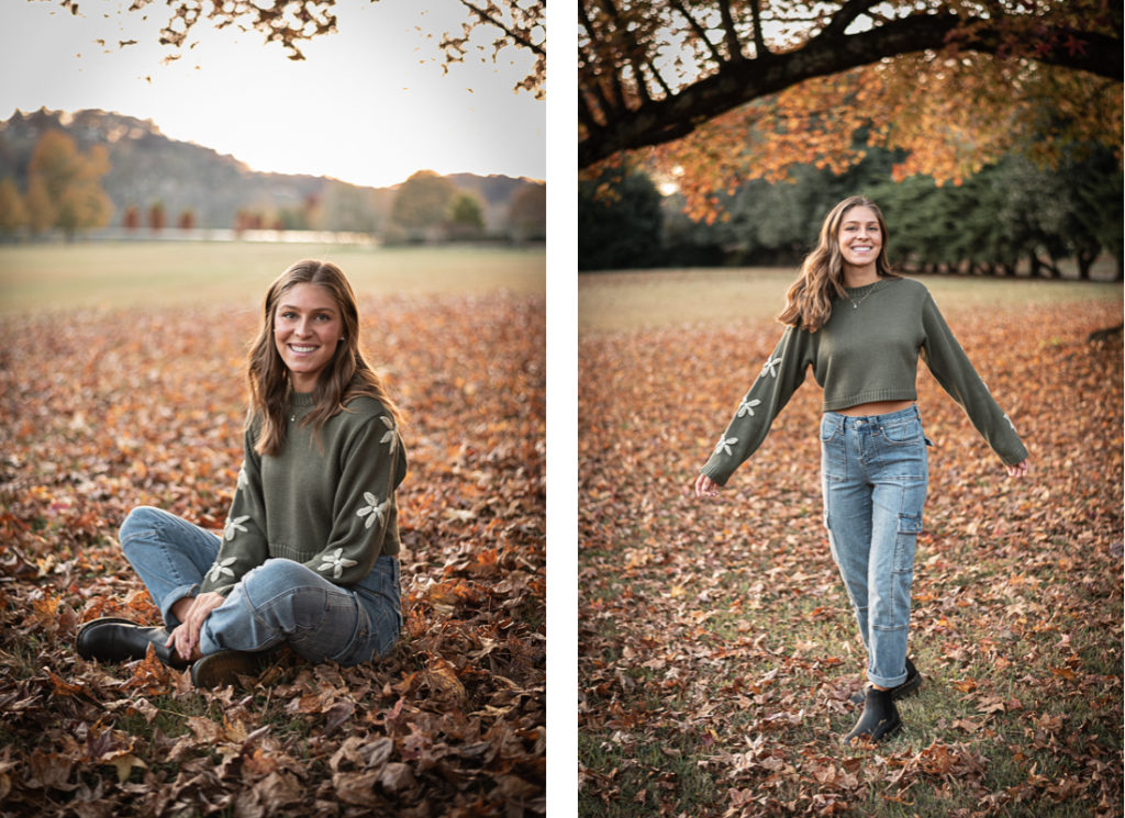 A female student sits for senior portraits near the river at Sequoyah Park.