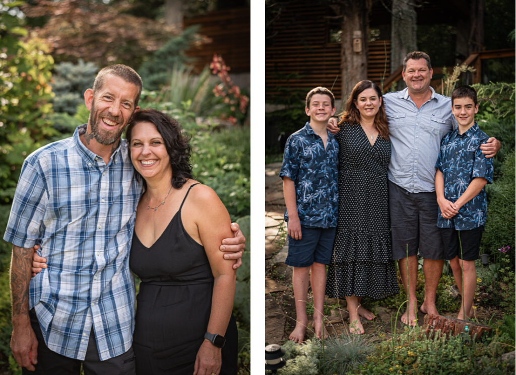 A brother, sister, and their families in the lush back yard.