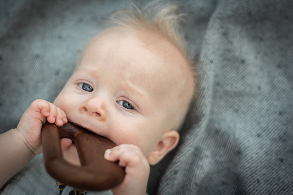 A baby boy with blue eyes teethes on a wooden rattle.
