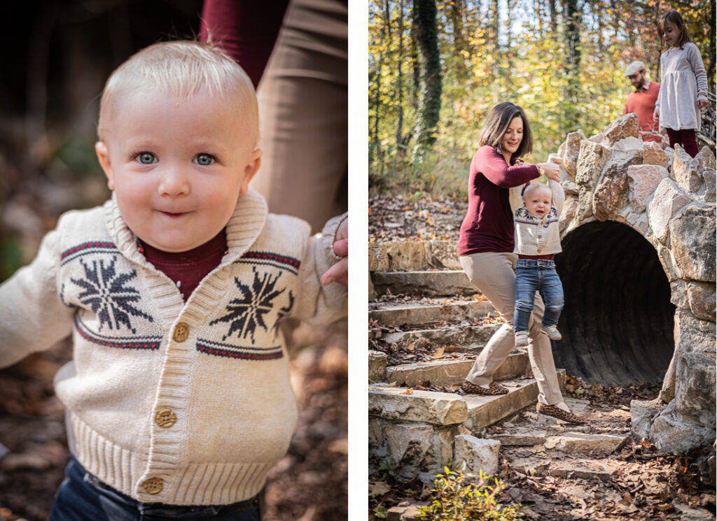 A baby boy plays in the forest with his mother.